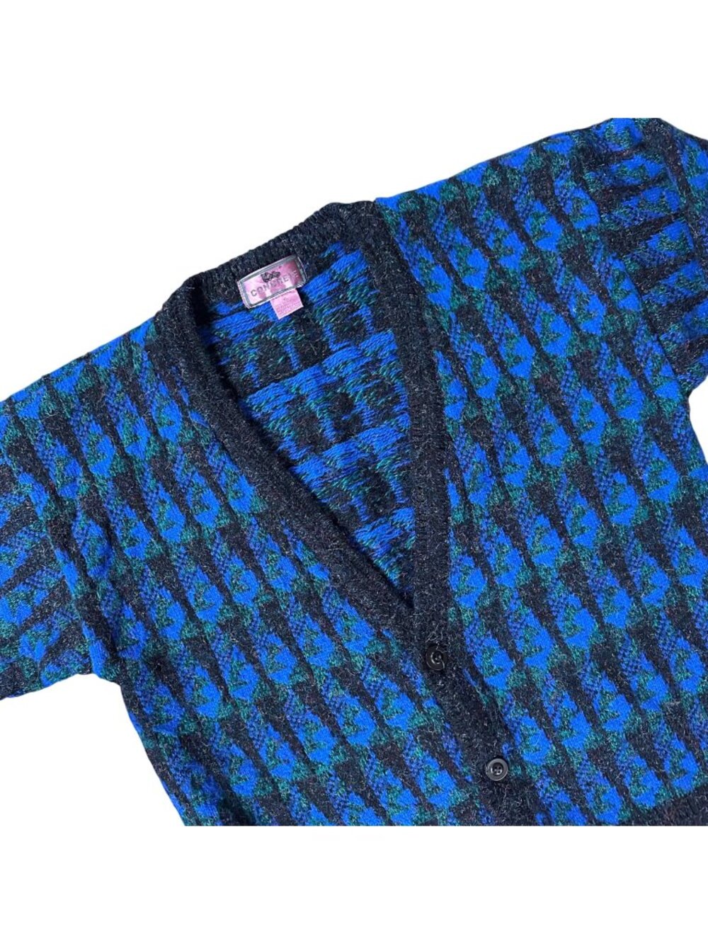 Vintage Cardigan Sweater XL Blue Black Concrete Mix 1980s Hong Kong Geometric